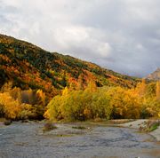 panoramic view autumn season of arrow river and mountain, arrowtown, south island, new zealand